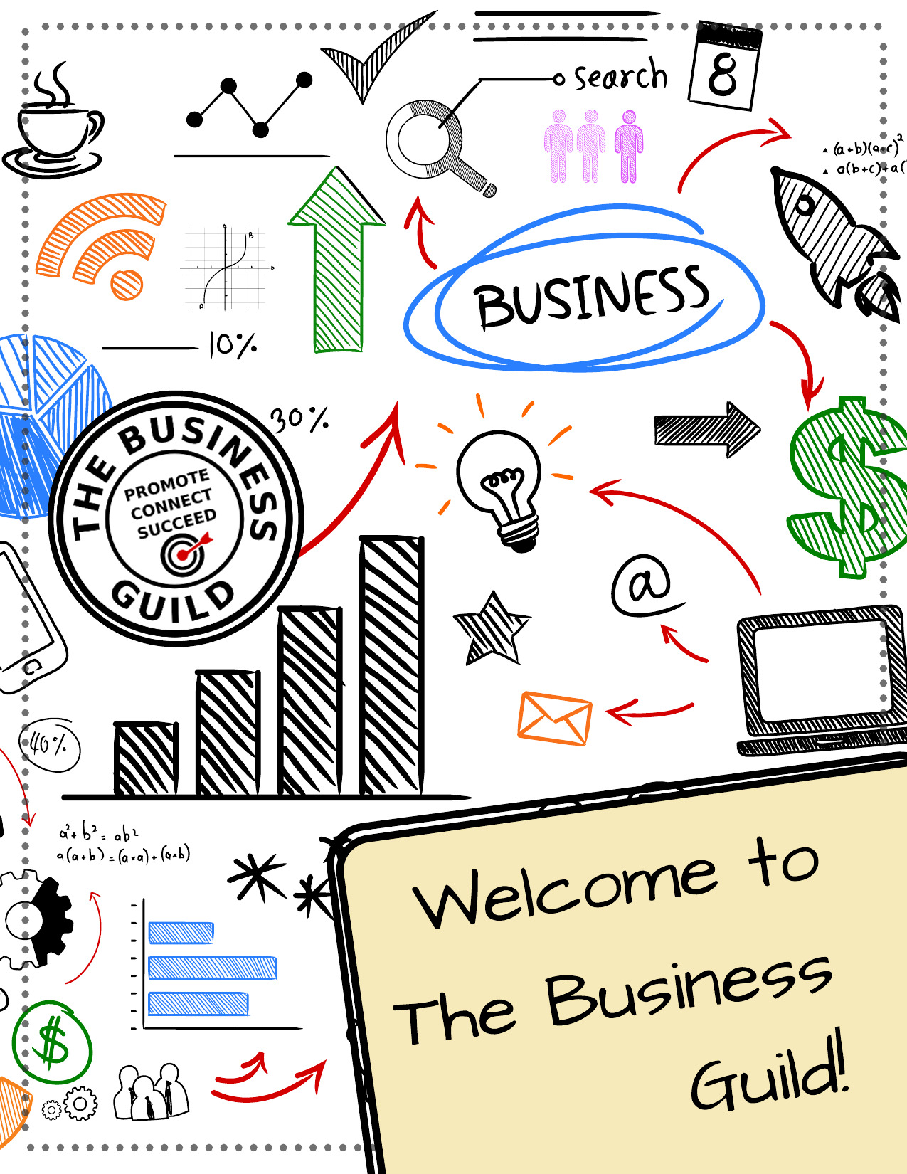 cover of Business Guild member guide with hand drawn business doodes